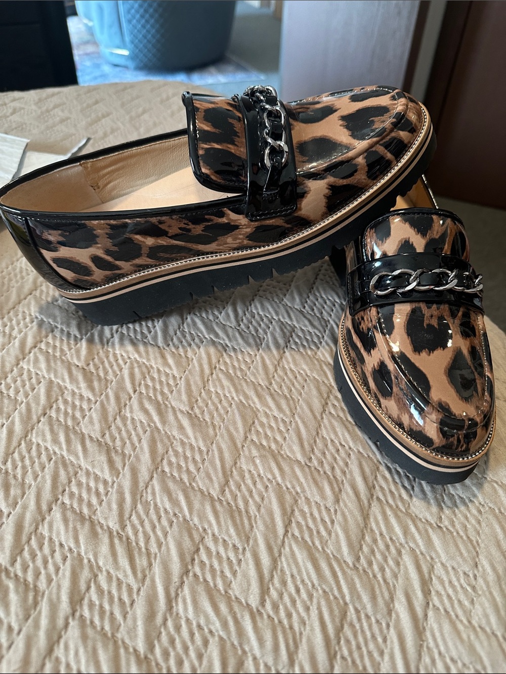 Alex Marie Leopard Patent Loafers in Black and Tan - Picture 2 of 6